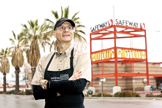 Stroke survivor Steve Kingsbury walks from home to his job at the local Safeway store.